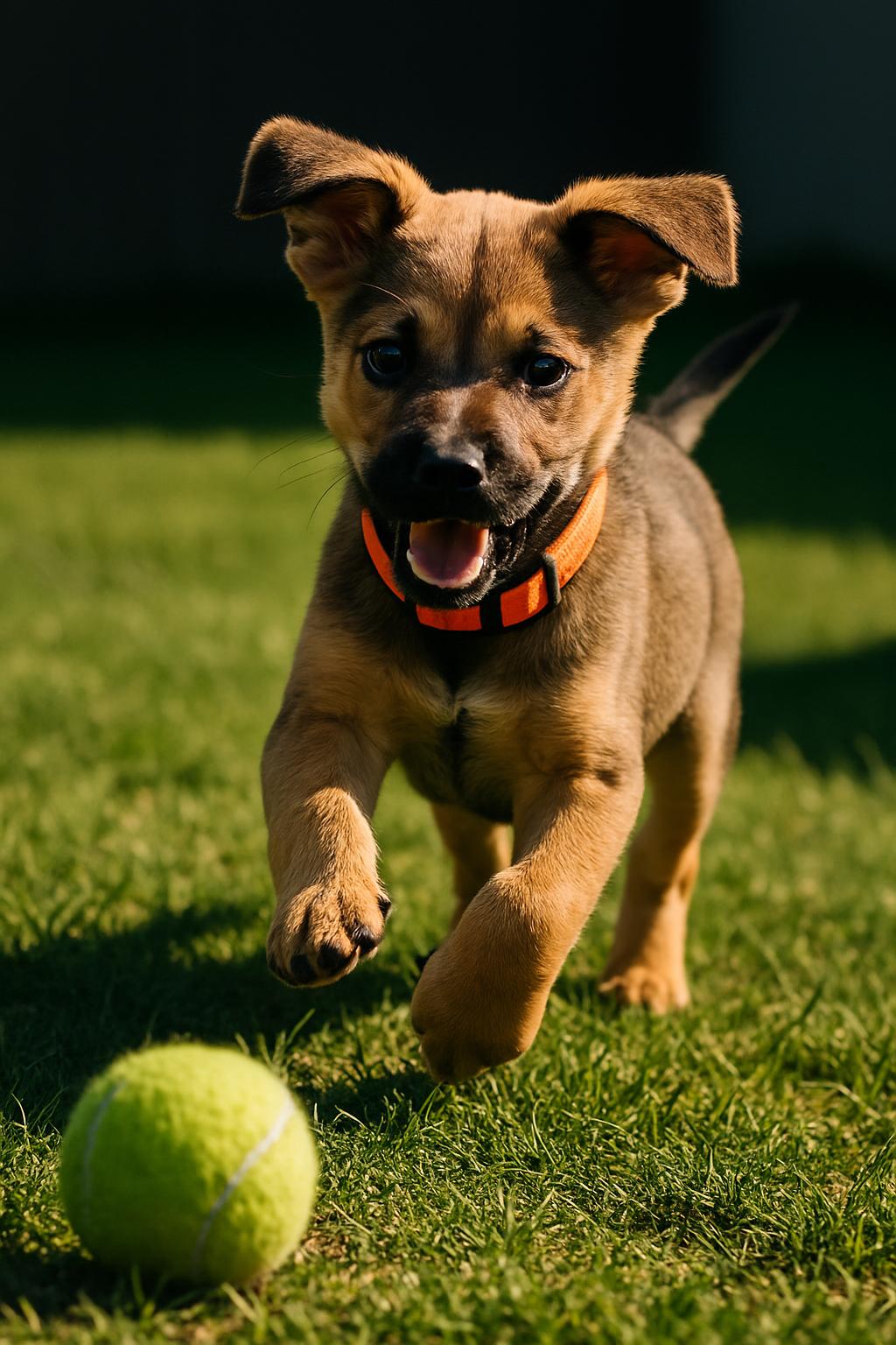 A small, brown puppy with pointy ears and an orange collar runs fiercely towards the camera through the blurred green gras...