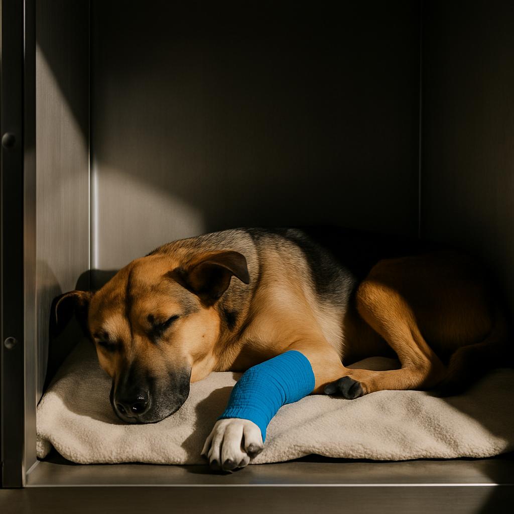 A medium-sized dog, likely a German Shepherd mix, lies in a dark metal kennel or enclosure, its head resting on a pillow w...