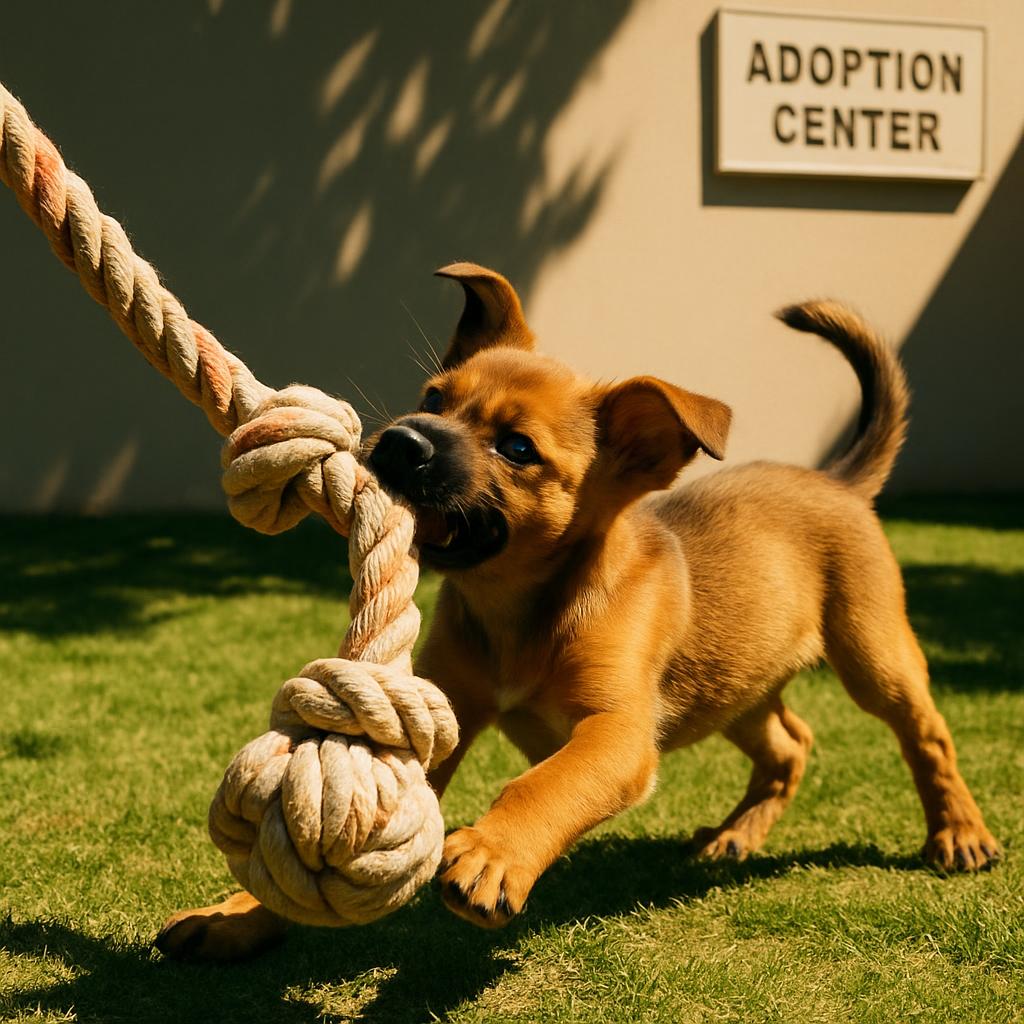 A small brown puppy is playing tug-of-war with a rope outside of an adoption center.