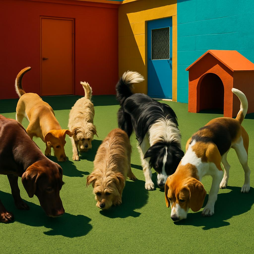 Six dogs sniffing a patch of grass in a yard with a bright building in the background