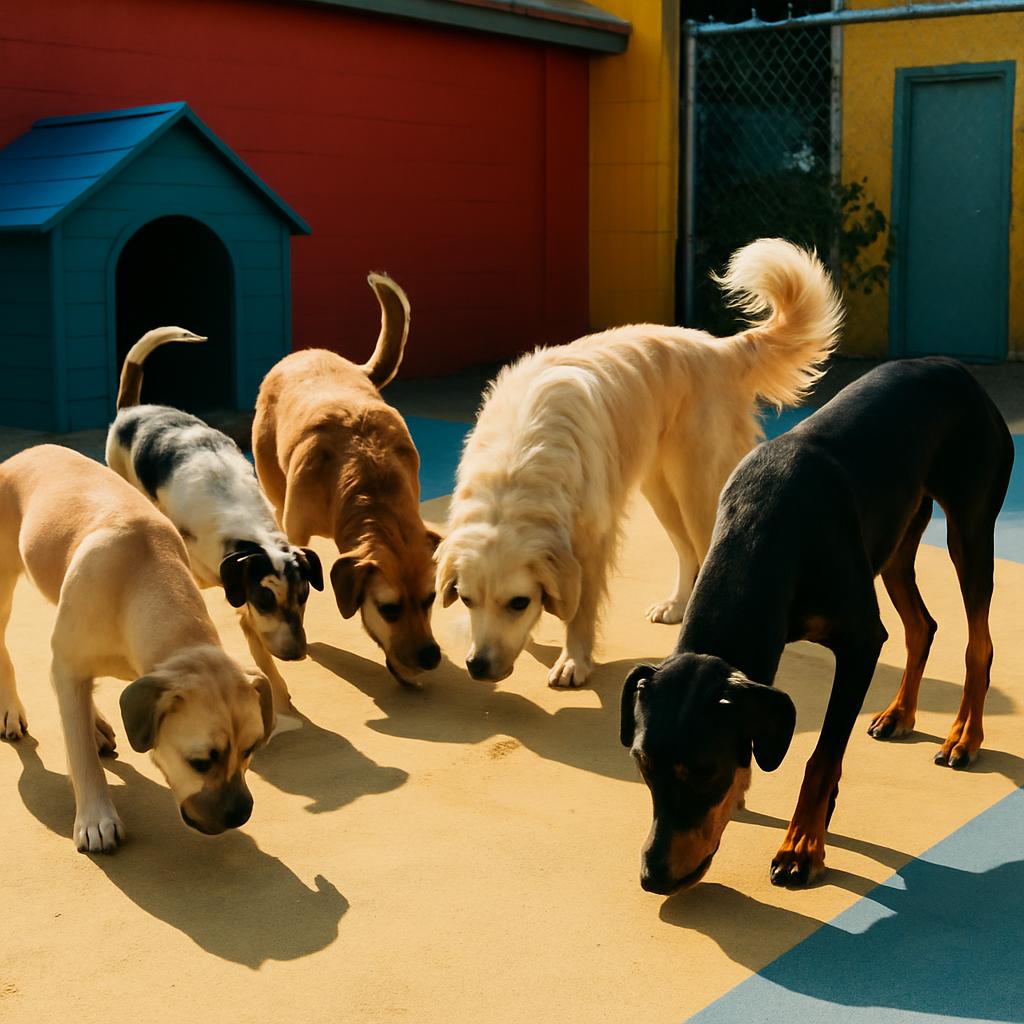 Several dogs sniffing in a pet enclosure.. Roguish looking characters. It may contain items. Possibly featuring adults.