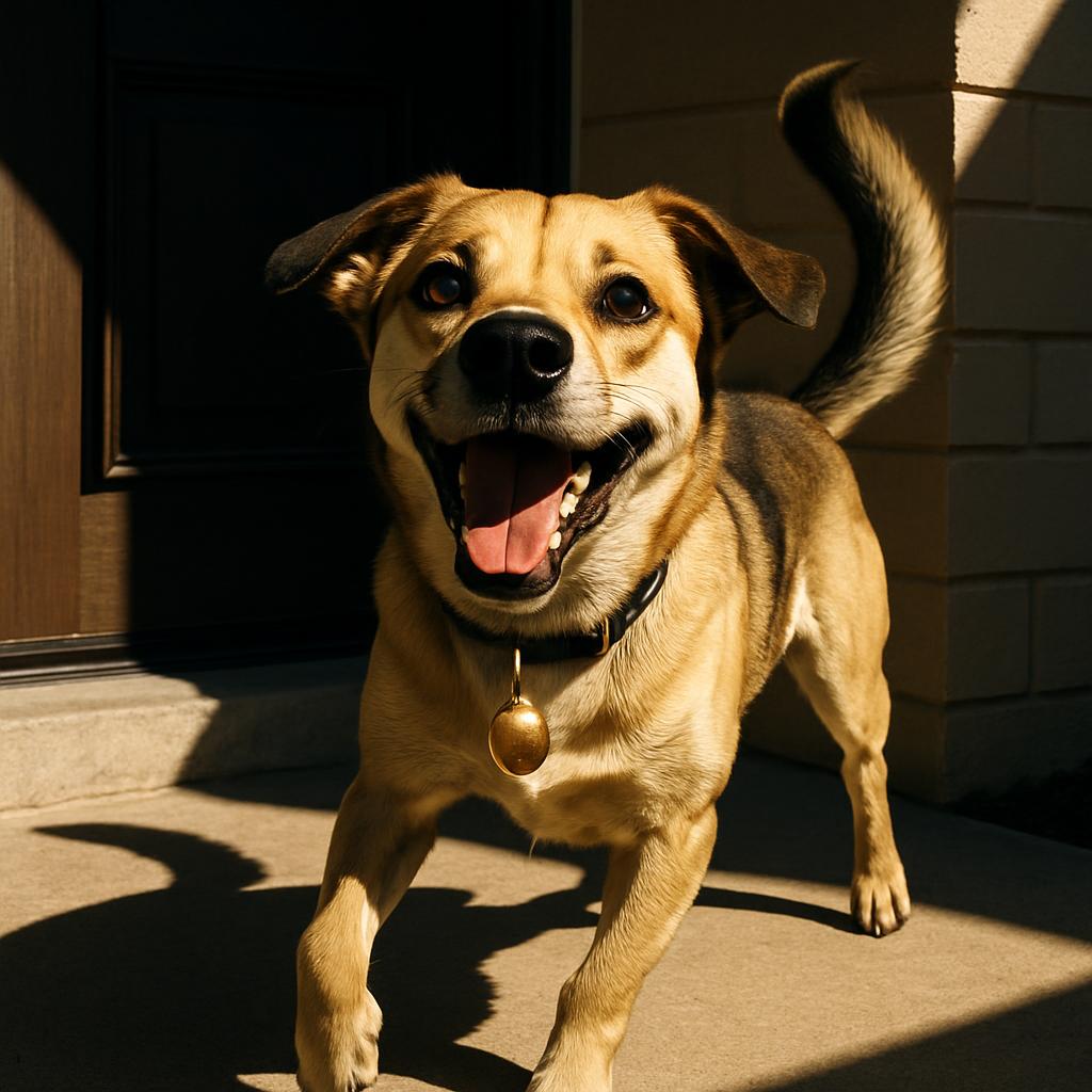 A happy brown dog stands on a concrete floor in front of a wooden door with a golden bell around its neck.