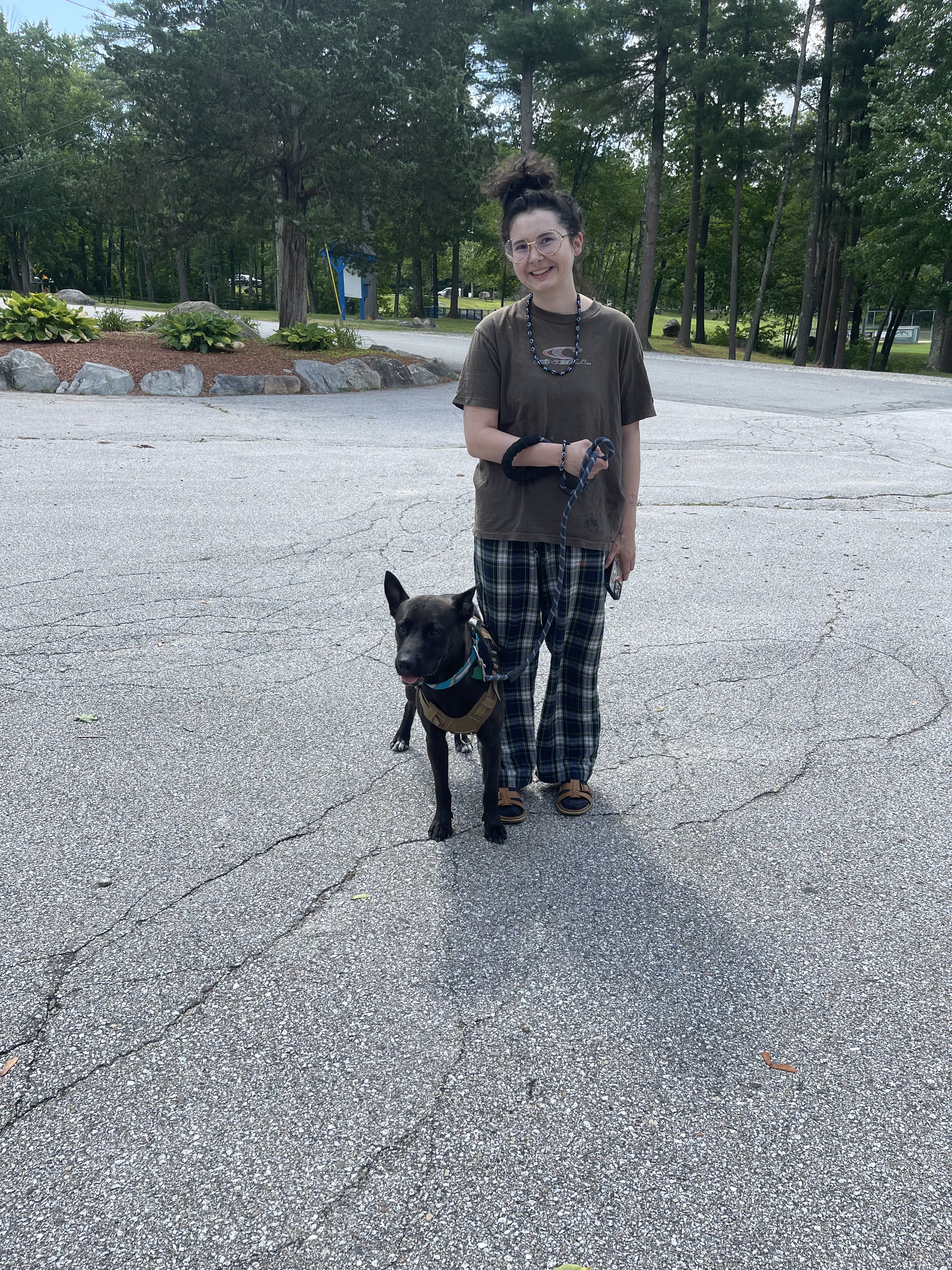 A dog stands beside a microphone in a dark room.